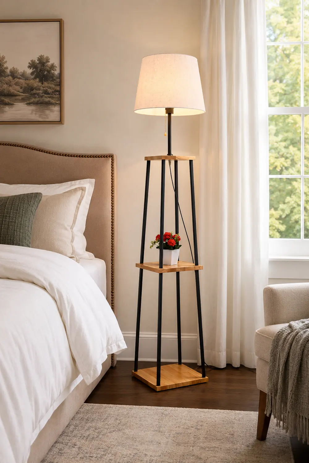 Eryn Modern Cone Metal Fabric Floor Lamp /w Shelf ,Black - Lumpaz