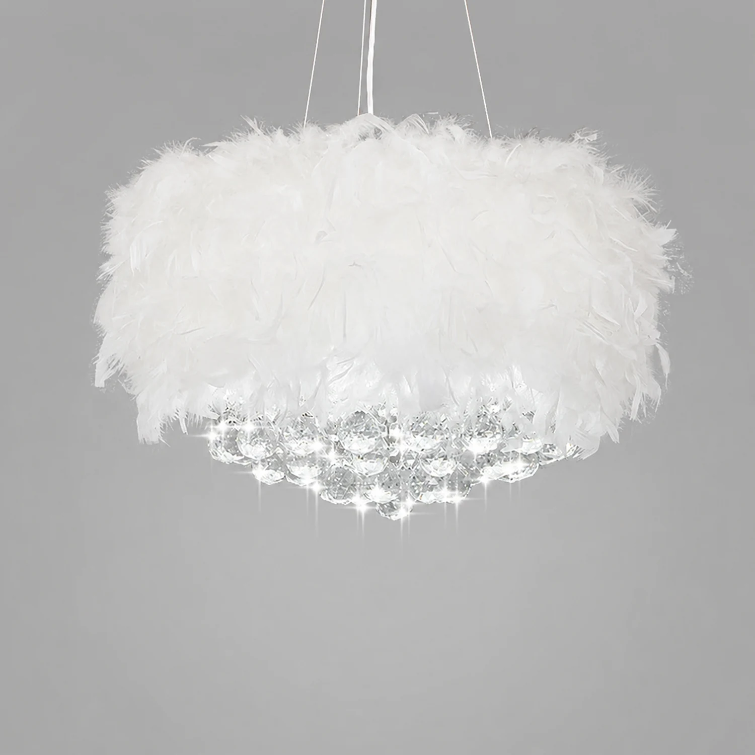 O'Moore Modern Luxury Round Chandelier, Feather/Crystal, White - Lumpaz