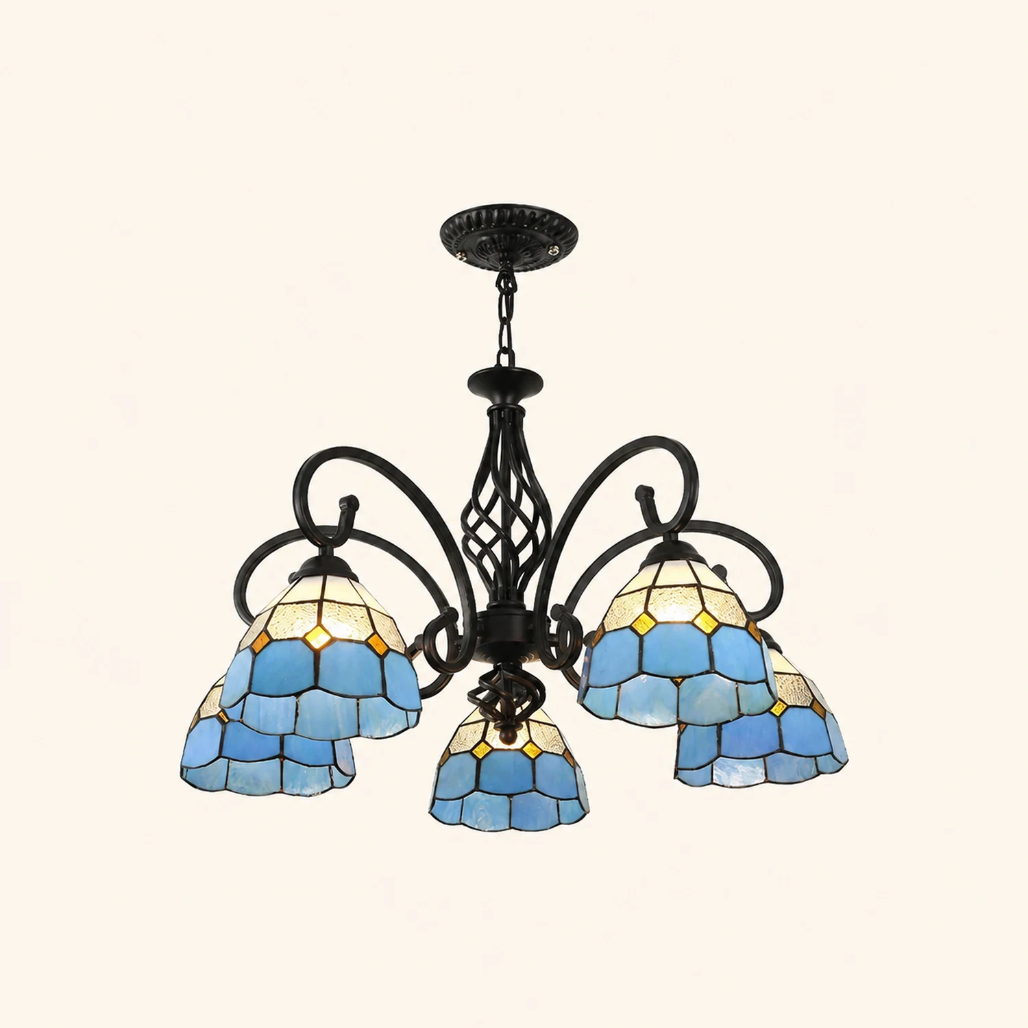 Silva Tiffany Mediterranean Branch Metal Chandelier, White/Blue/Navy Blue - Lumpaz