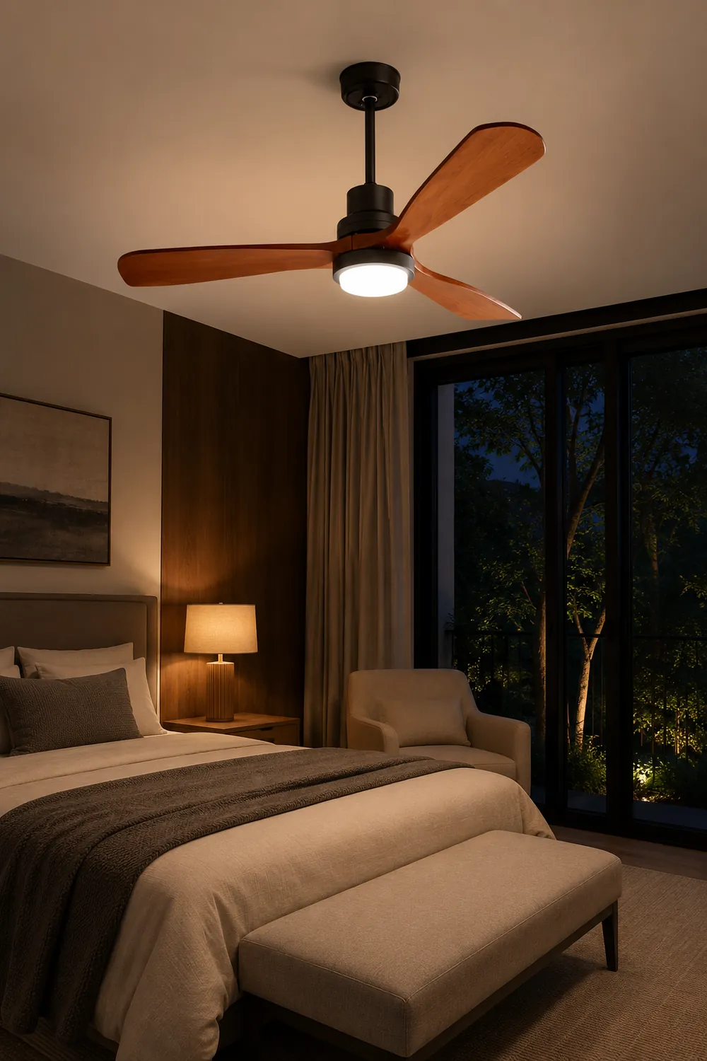 Haydn 3-Blade Modern DC Ceiling Fan Light, Black & Wood, 52'' - Lumpaz