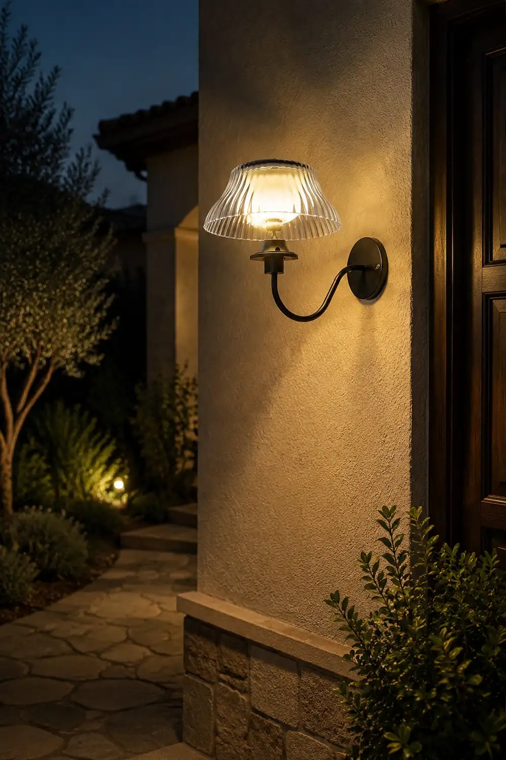 Black Metallic Arm Solar Outdoor Wall Light - Adjustable Glass Shade - Lumpaz