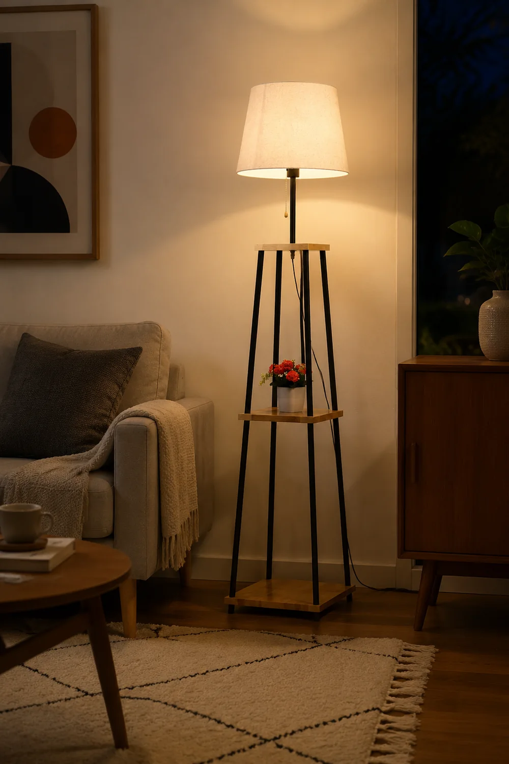 Eryn Modern Cone Metal Fabric Floor Lamp /w Shelf ,Black - Lumpaz