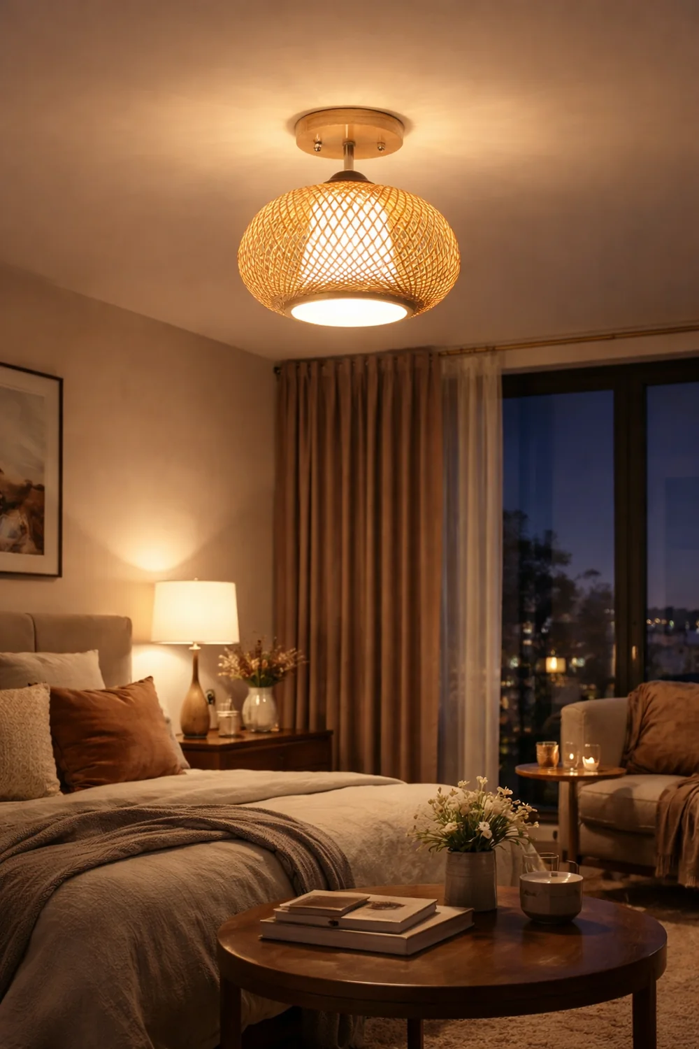 Muto Boho Flush Mount Rattan Ceiling Light, Living Room - Lumpaz