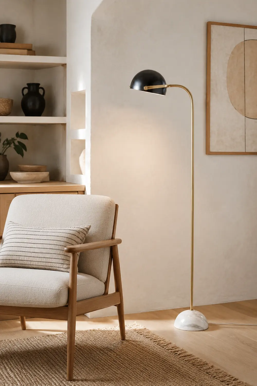 Eryn Floor Lamp Semi Circular Retro/Minimalist, Metal/Marble, Black, Bedroom - Lumpaz