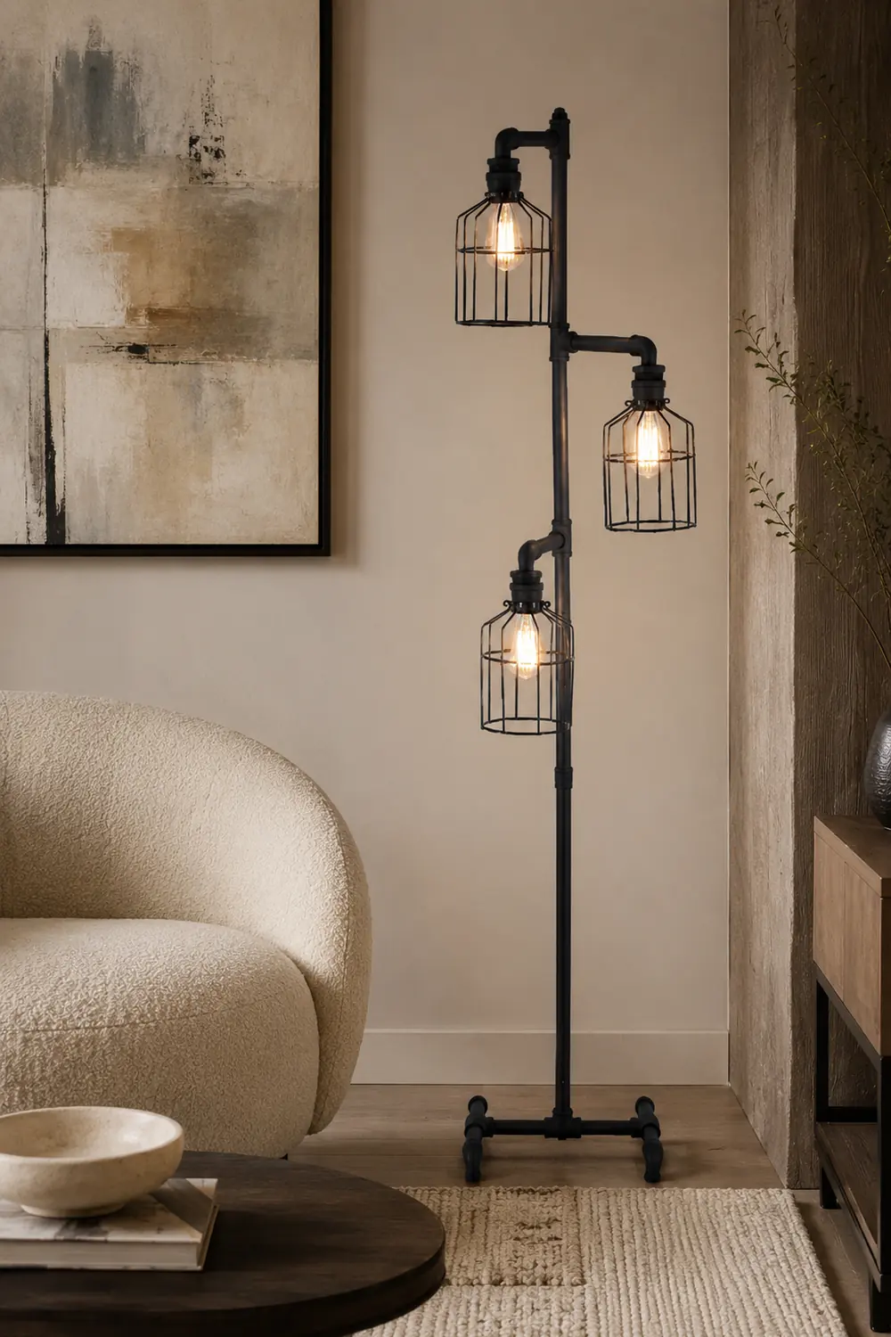 Alessio Retro Bird Cage Metal Floor Lamp, 3 Heads,Black - Lumpaz