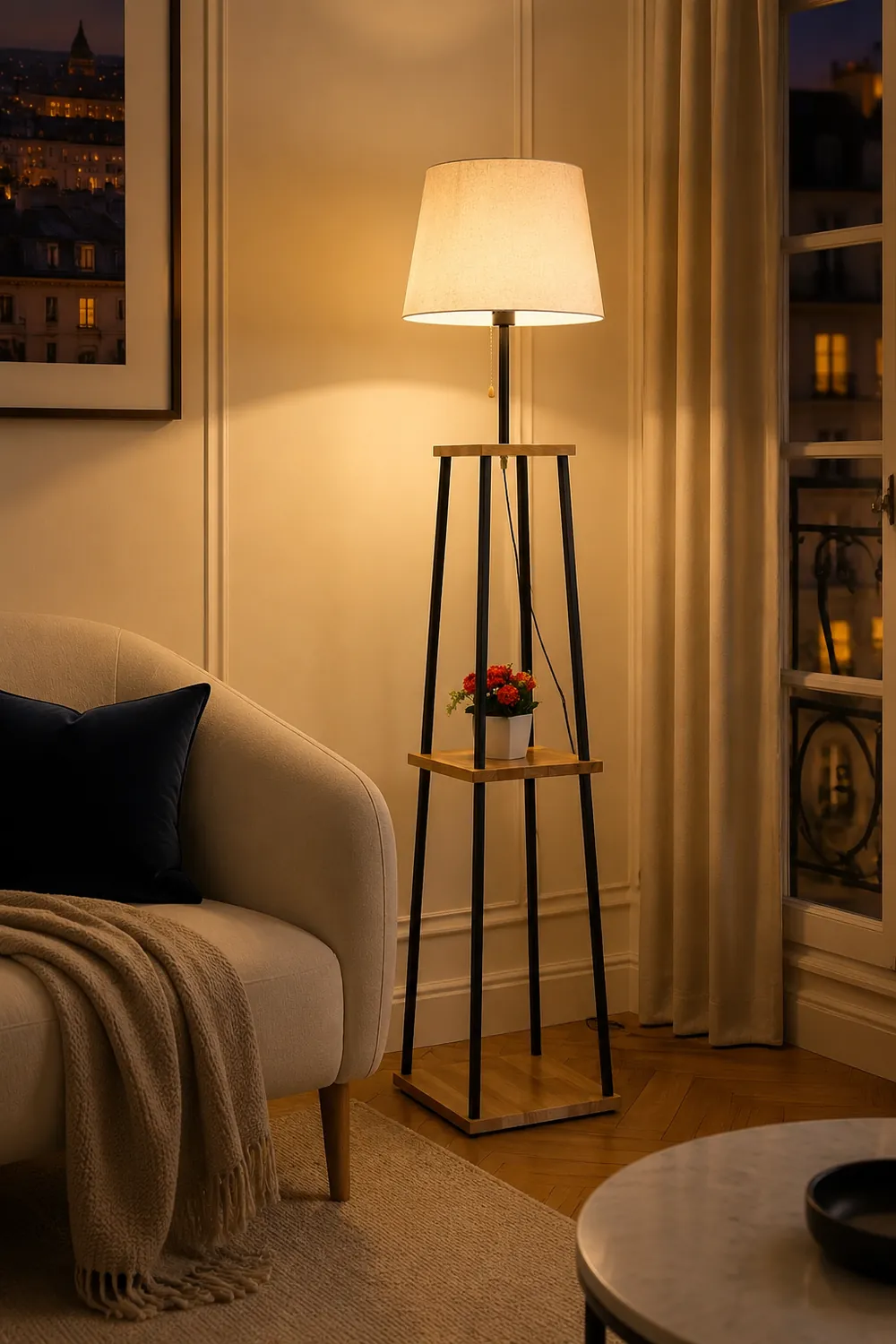 Eryn Modern Cone Metal Fabric Floor Lamp /w Shelf ,Black - Lumpaz