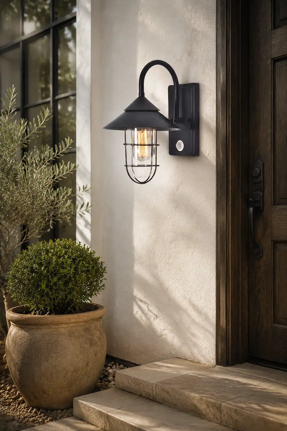 Retro Round Iron Glass Waterproof Motion Sensor Black Outdoor Wall Lights - Lumpaz
