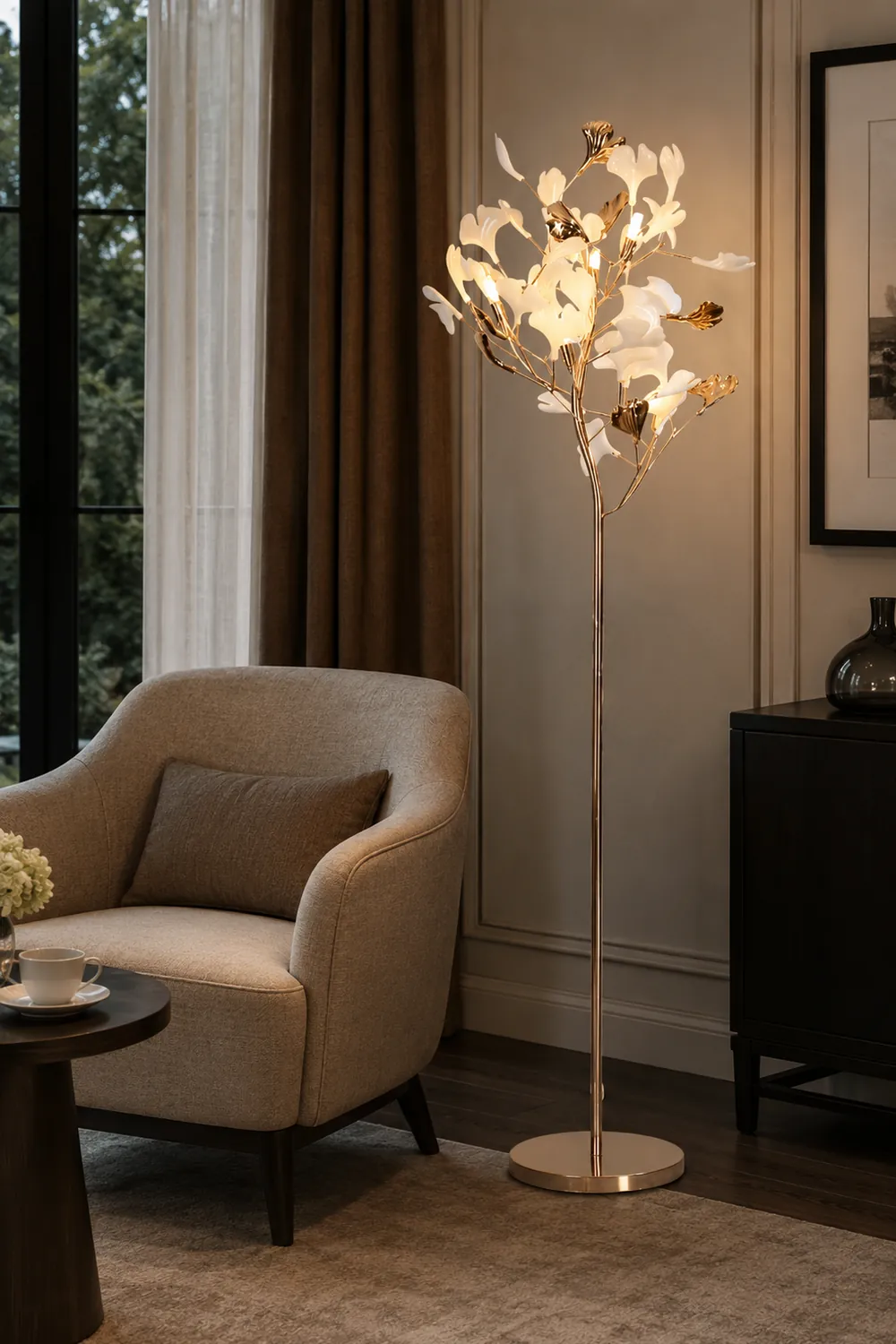 Ophelia Floor Lamp Leaf Artistic, Ceramic/Metal, White/Gold, Study - Lumpaz