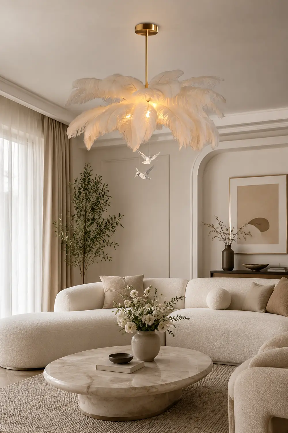 O'Moore Ostrich Contemporary Elegant Feather Chandelier, White - Lumpaz