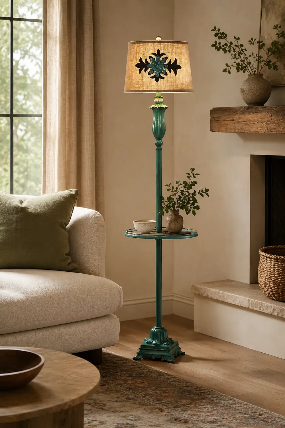 Eryn Floor Lamp Table Vintage, Metal/Resin, Green, Living Room - Lumpaz