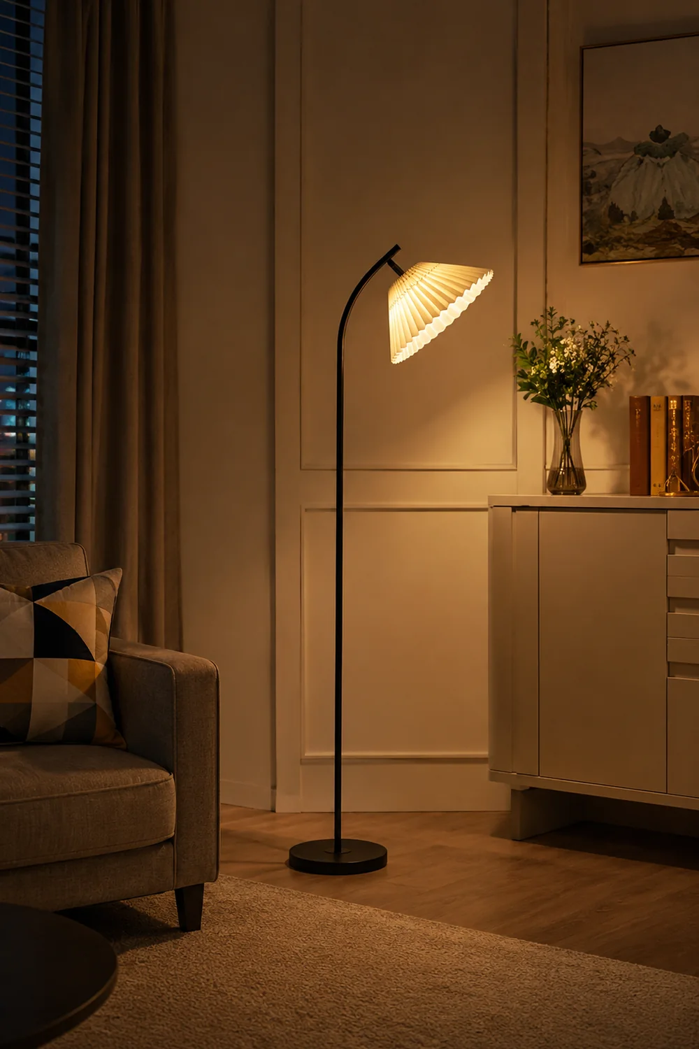 Ozawa Modern Arc Pleated Metal Fabric Floor Lamp, 3 Color - Lumpaz