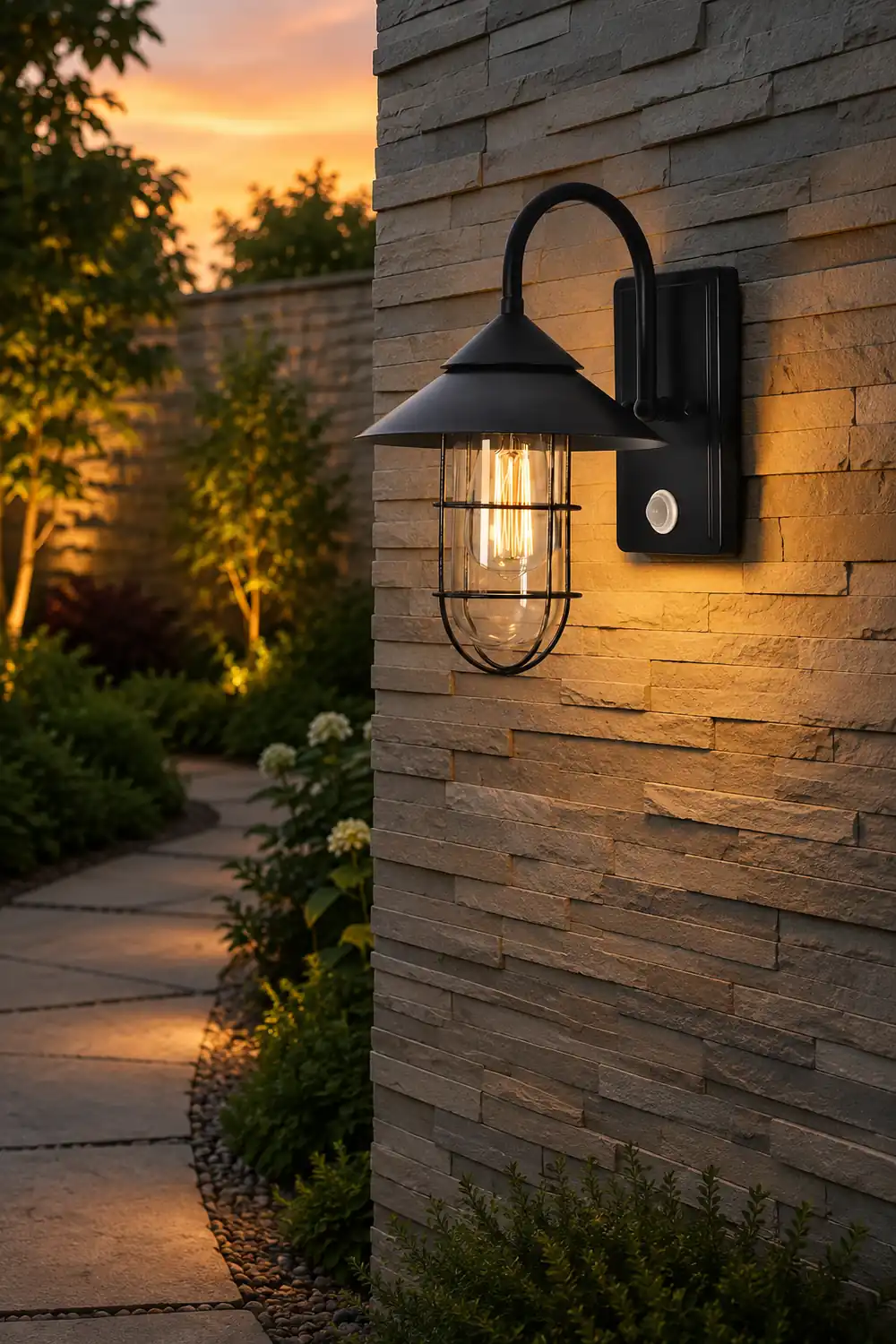 Retro Round Iron Glass Waterproof Motion Sensor Black Outdoor Wall Lights - Lumpaz