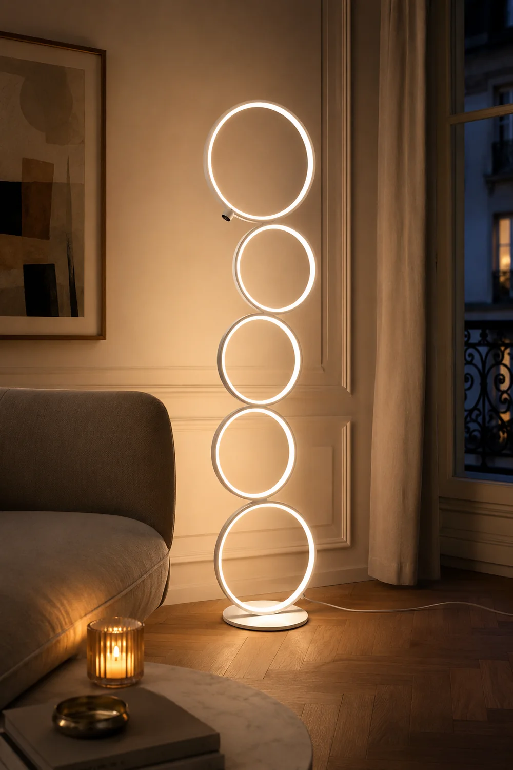 Arisha Floor Lamp Multi-ring Modern, Metal/Silicon, White/Black, Bedside - Lumpaz