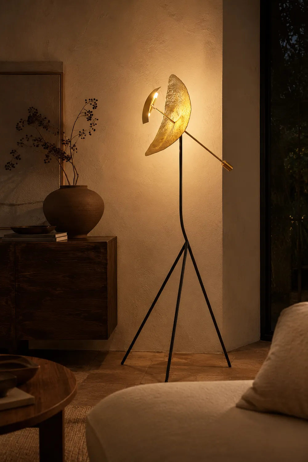 Salgado Floor Lamp Tripod Reflection Postmodern, Metal, Gold, Living Room - Lumpaz