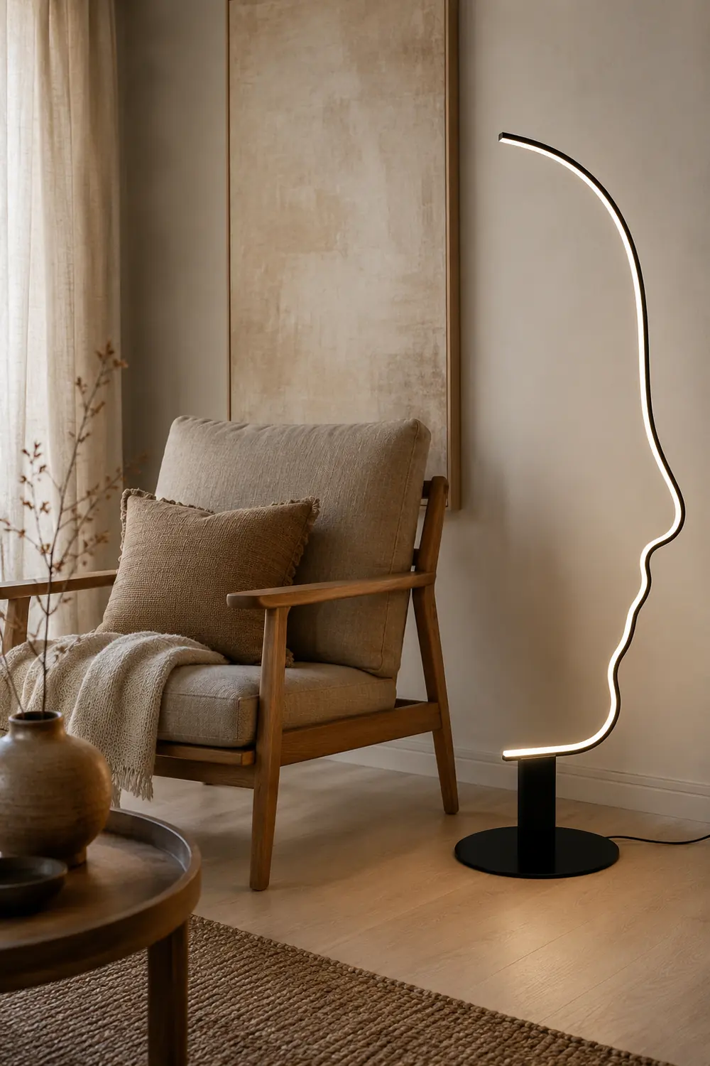 Edge Human Face Profile Modern Arc Floor Lamp, Black, Metal/Silicon - Lumpaz