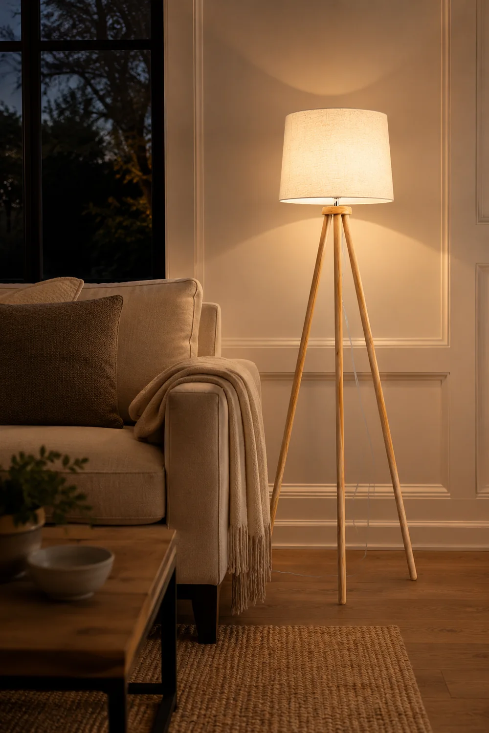 Muto Modern Cylinder Wood Fabric Floor Lamp, White/Beige - Lumpaz