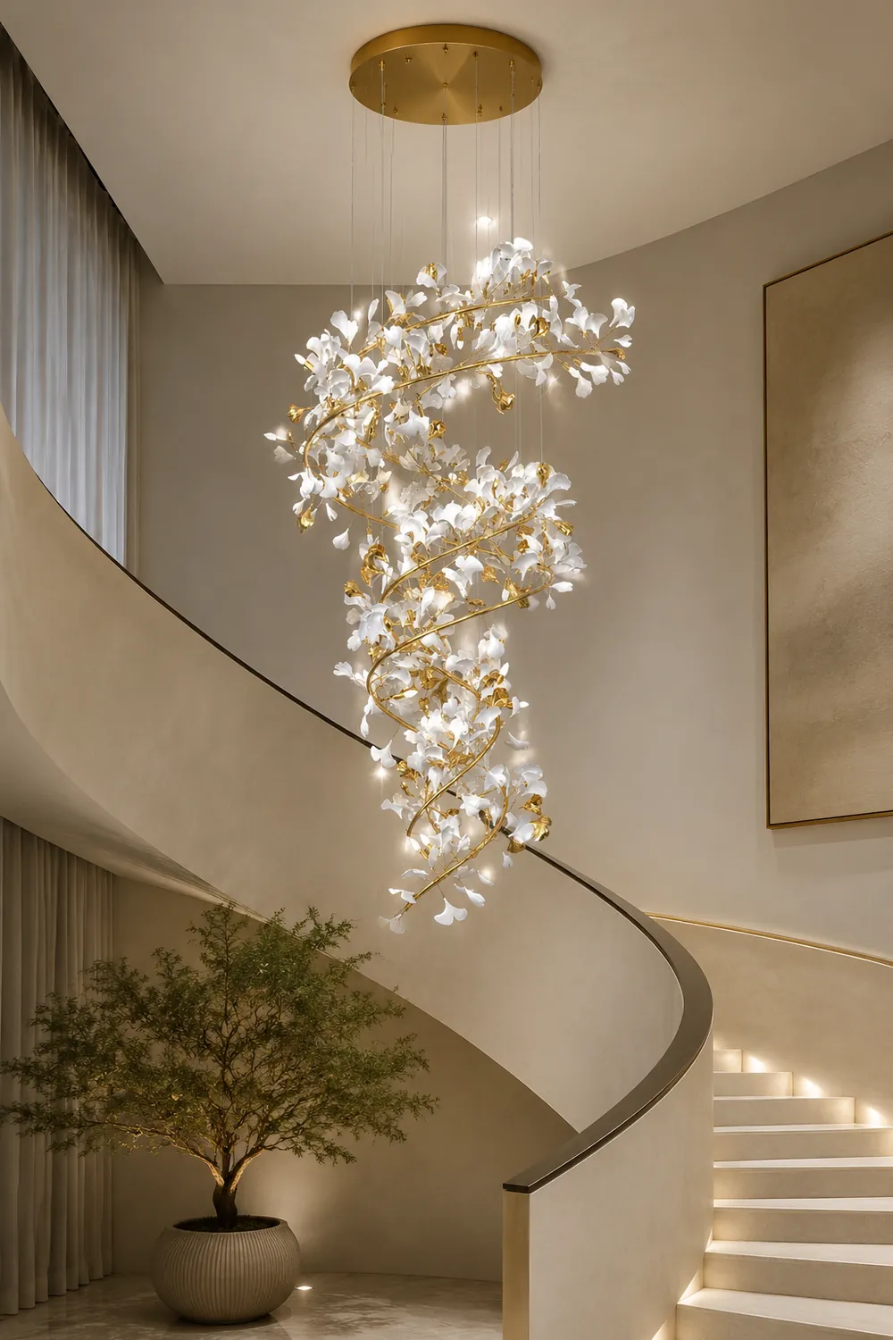 Ophelia AntGlo Modern Gold Staircase Chandelier, Metal & Ceramic - Lumpaz
