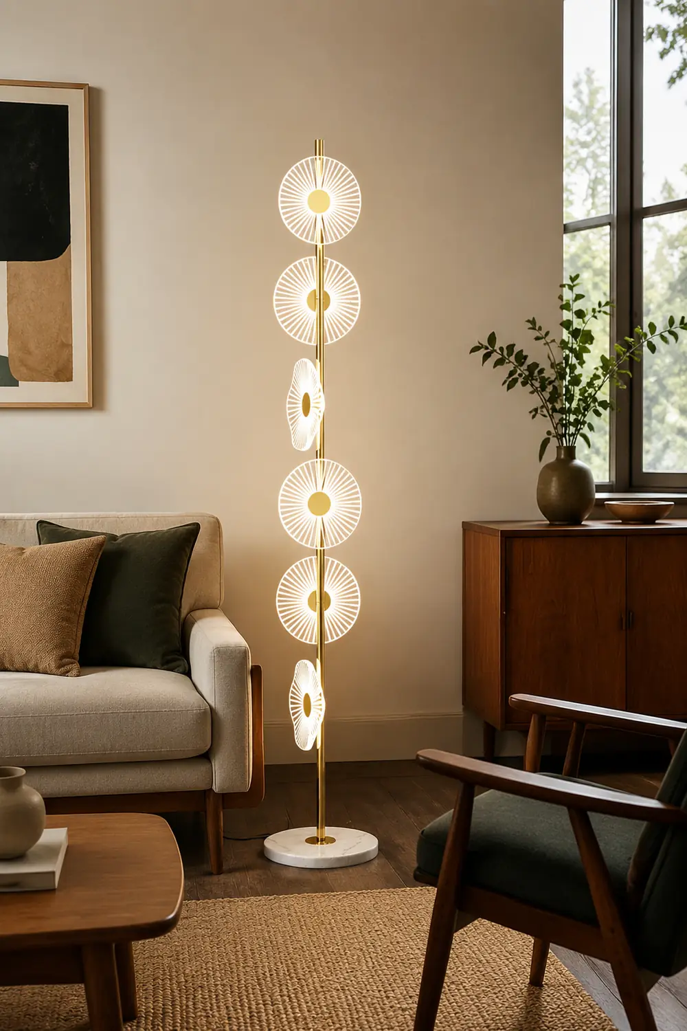 Carins Floor Lamp Creative Circle Modern, Acrylic, White/Gold, Bedroom - Lumpaz