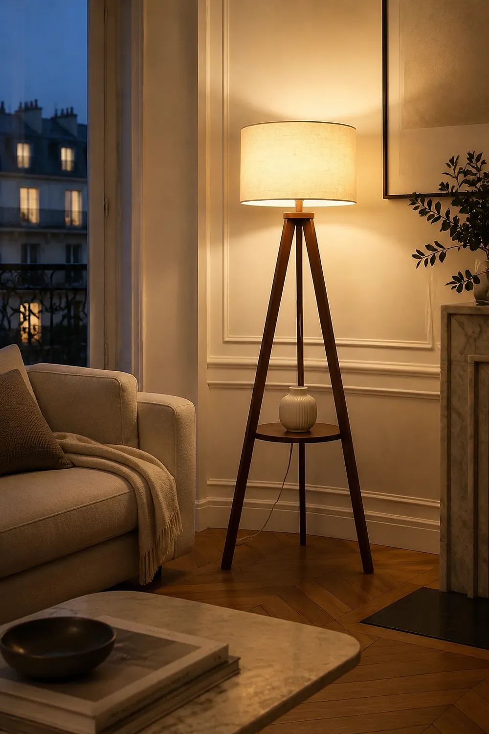 Ozawa Floor Lamp Triangle Vintage, Wooden/Fabric, Beige, Living Room - Lumpaz