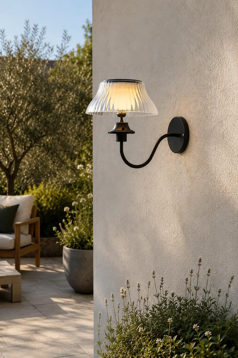 Black Metallic Arm Solar Outdoor Wall Light - Adjustable Glass Shade - Lumpaz