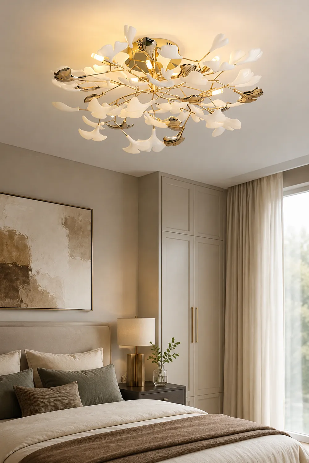 Ophelia Elegant Leaf Ceramic/Metal Flush Mount Ceiling Light, Gold - Lumpaz