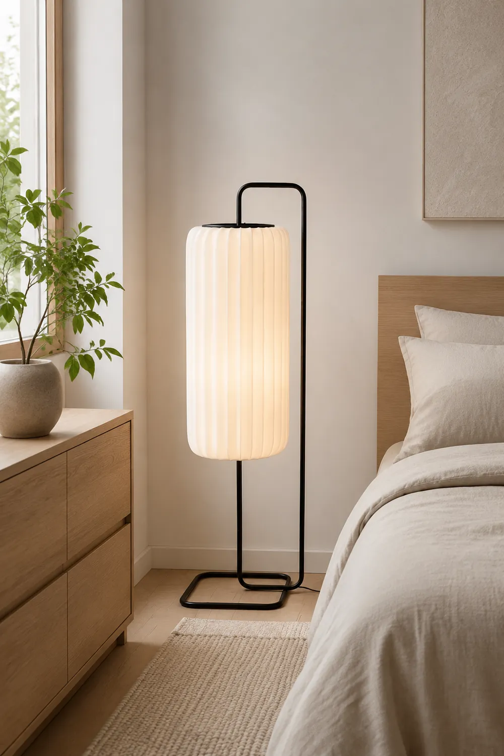 Renée Minimalist Column Fabric Metal Floor Lamp, Bedroom - Lumpaz