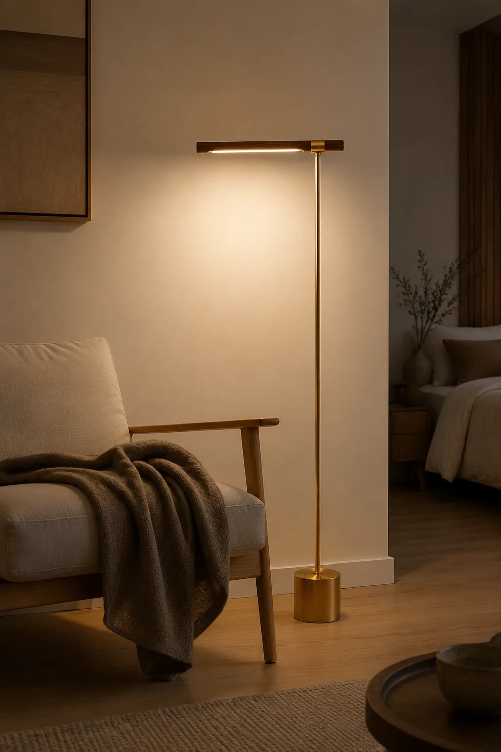 Edge Floor Lamp Linear Minimalist, Metal/Wood, Gold, Living Room - Lumpaz