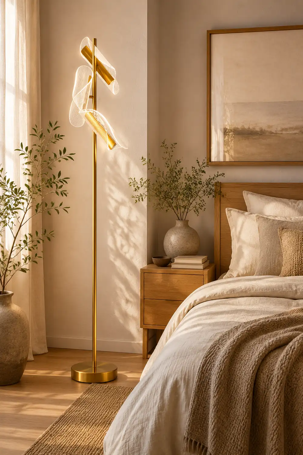 Salgado Floor Lamp Waves/3 Heads Modern, Acrylic, Gold/White, Living Room - Lumpaz