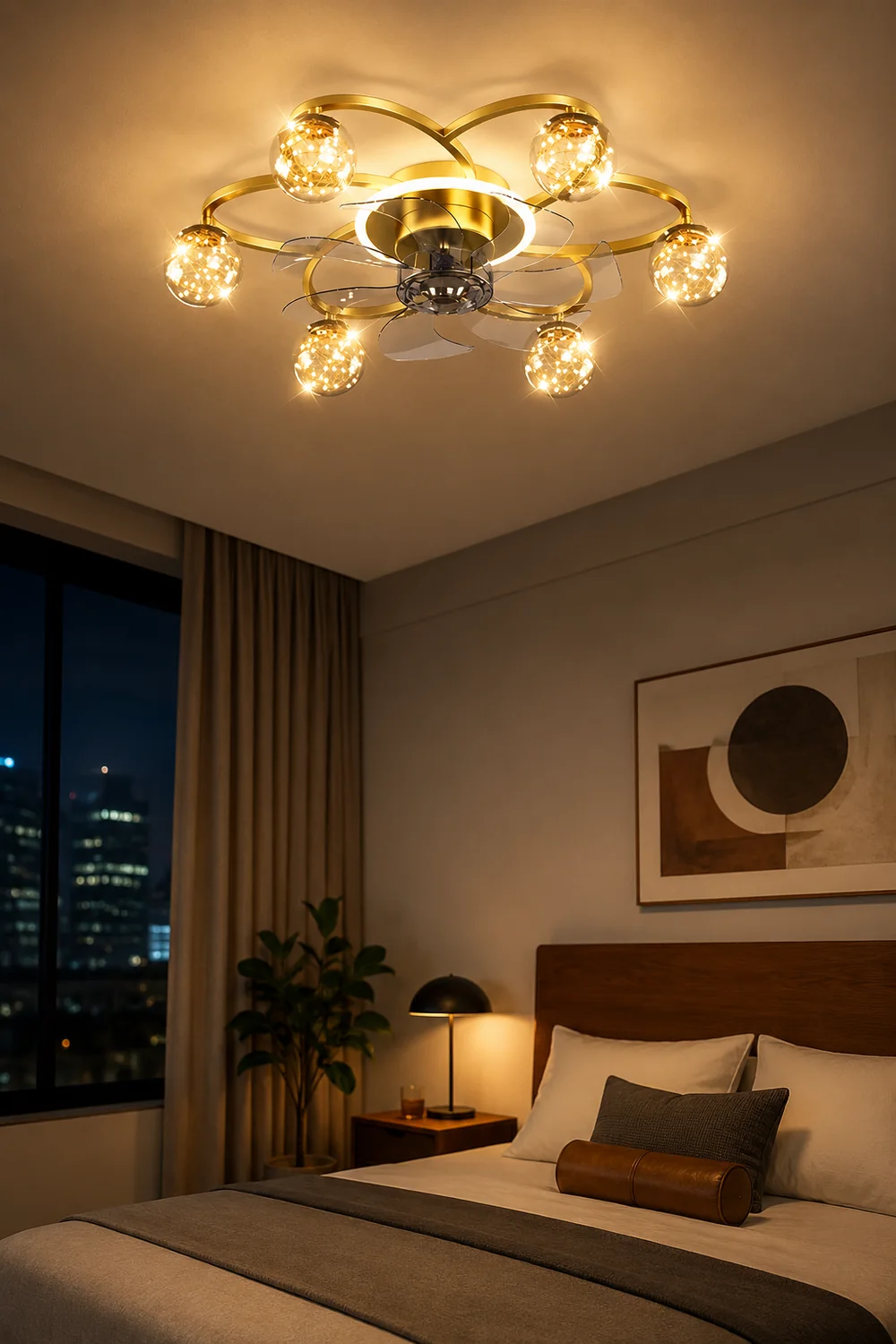 Madina Gold 7-Blade Starry Ceiling Fan with Light, DIA 22.8" - Lumpaz