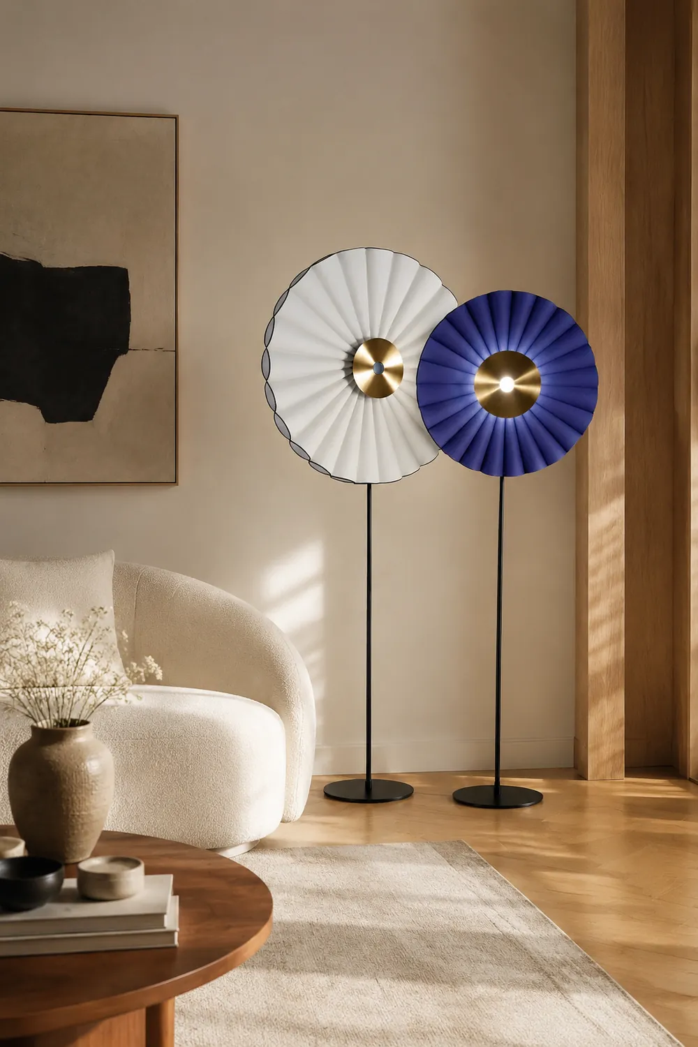 Chan Flower Metal/Artificial Paper Floor Lamp, White/Blue - Lumpaz