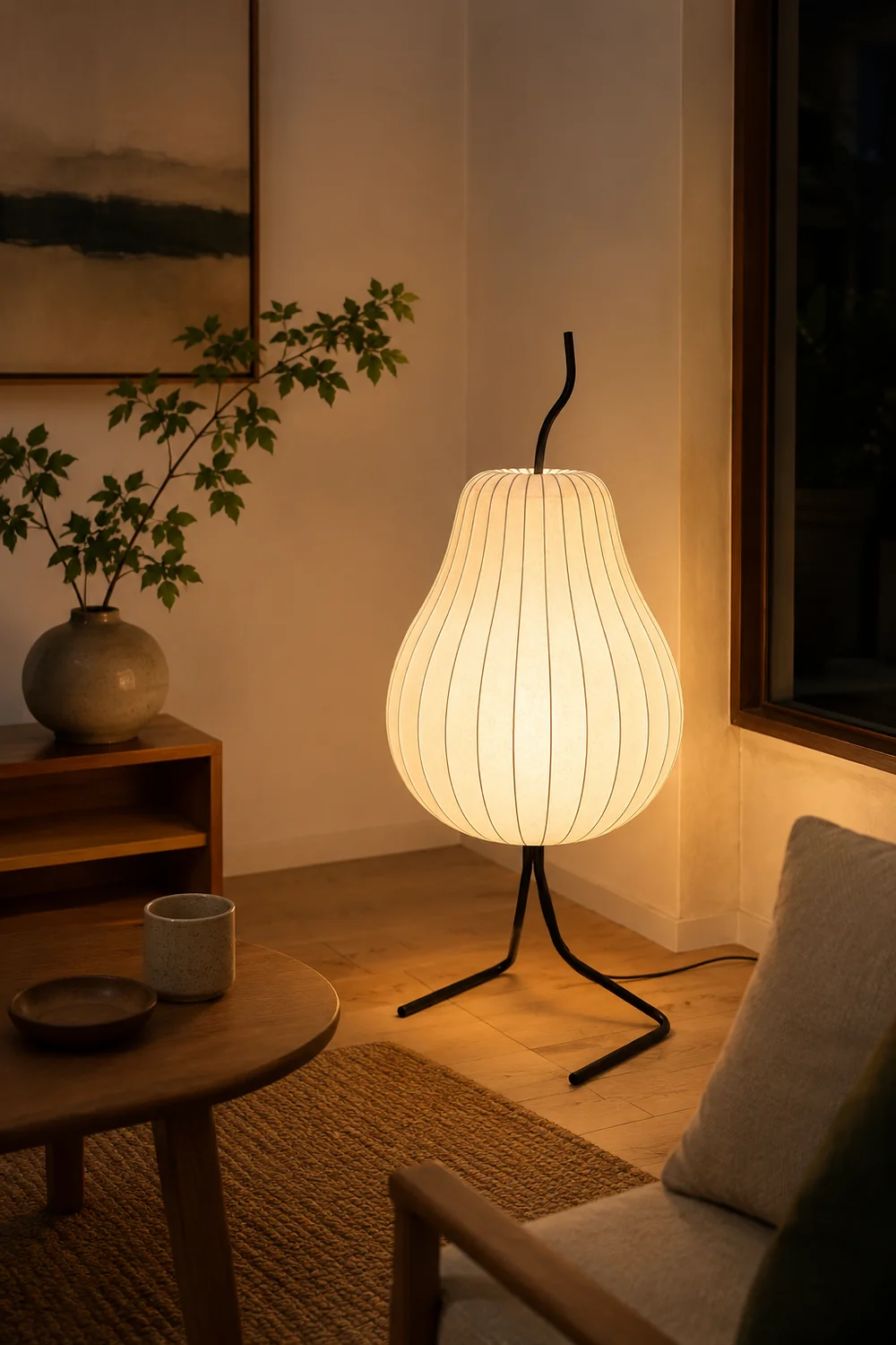 Renée Floor Lamp Pear Shaped Unique Art Deco, Fabric/Metal, Living Room - Lumpaz