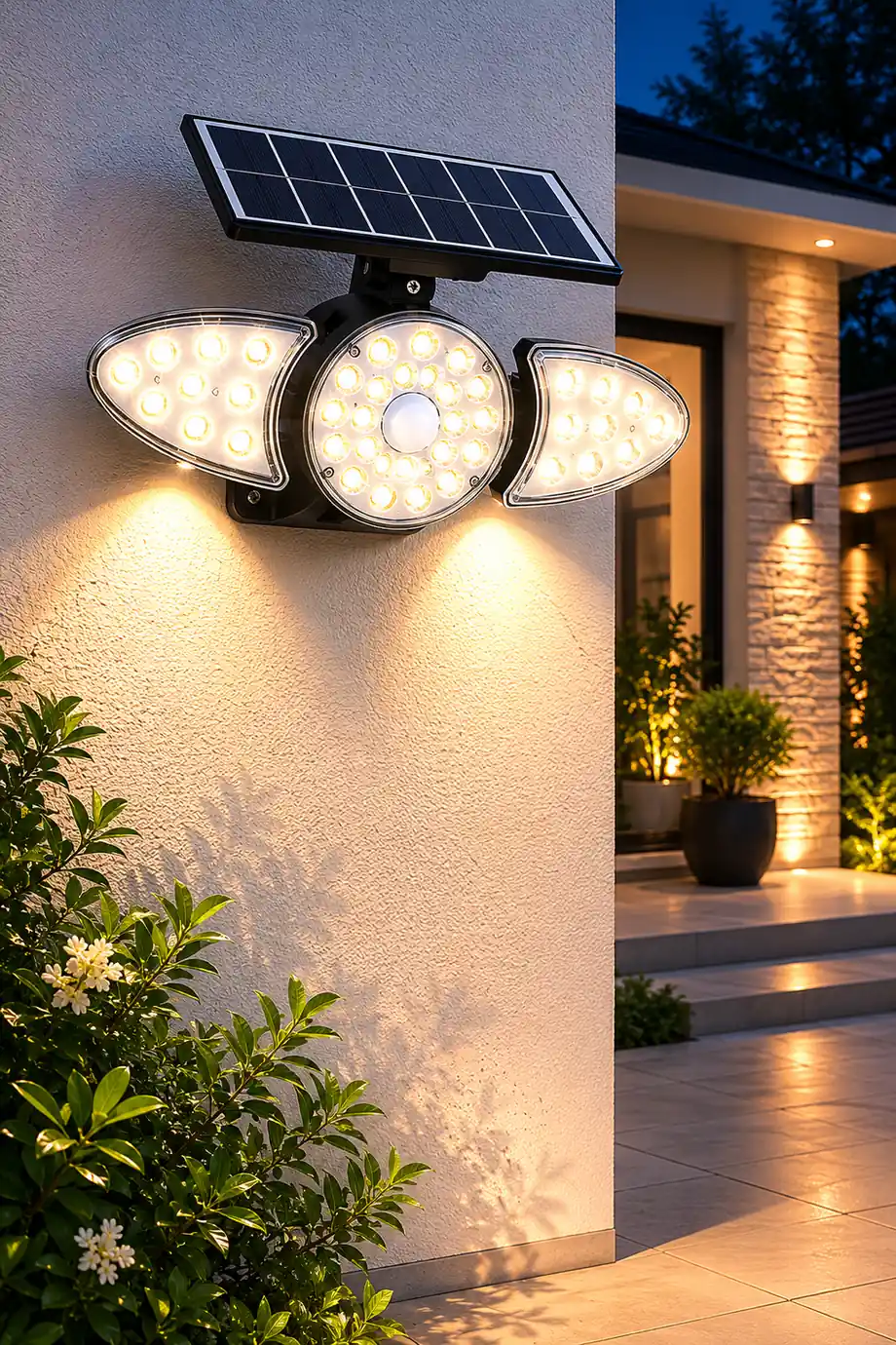 Solar Motion Security Light 3-Head Outdoor LED Wall Fixture with Motion Sensor - Lumpaz