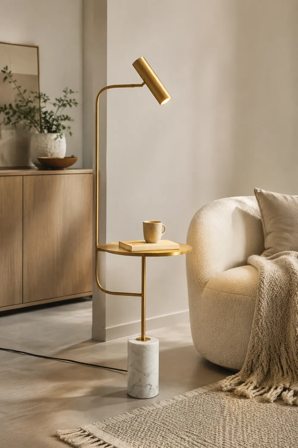 Salgado Minimalist Metal Floor Lamp With Table, Black/Gold - Lumpaz