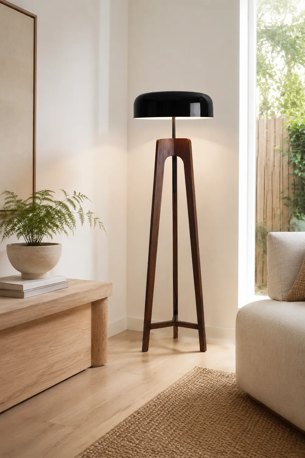 Ozawa Modern Bowl Tripod Wood Metal Floor Lamp, Black/White - Lumpaz