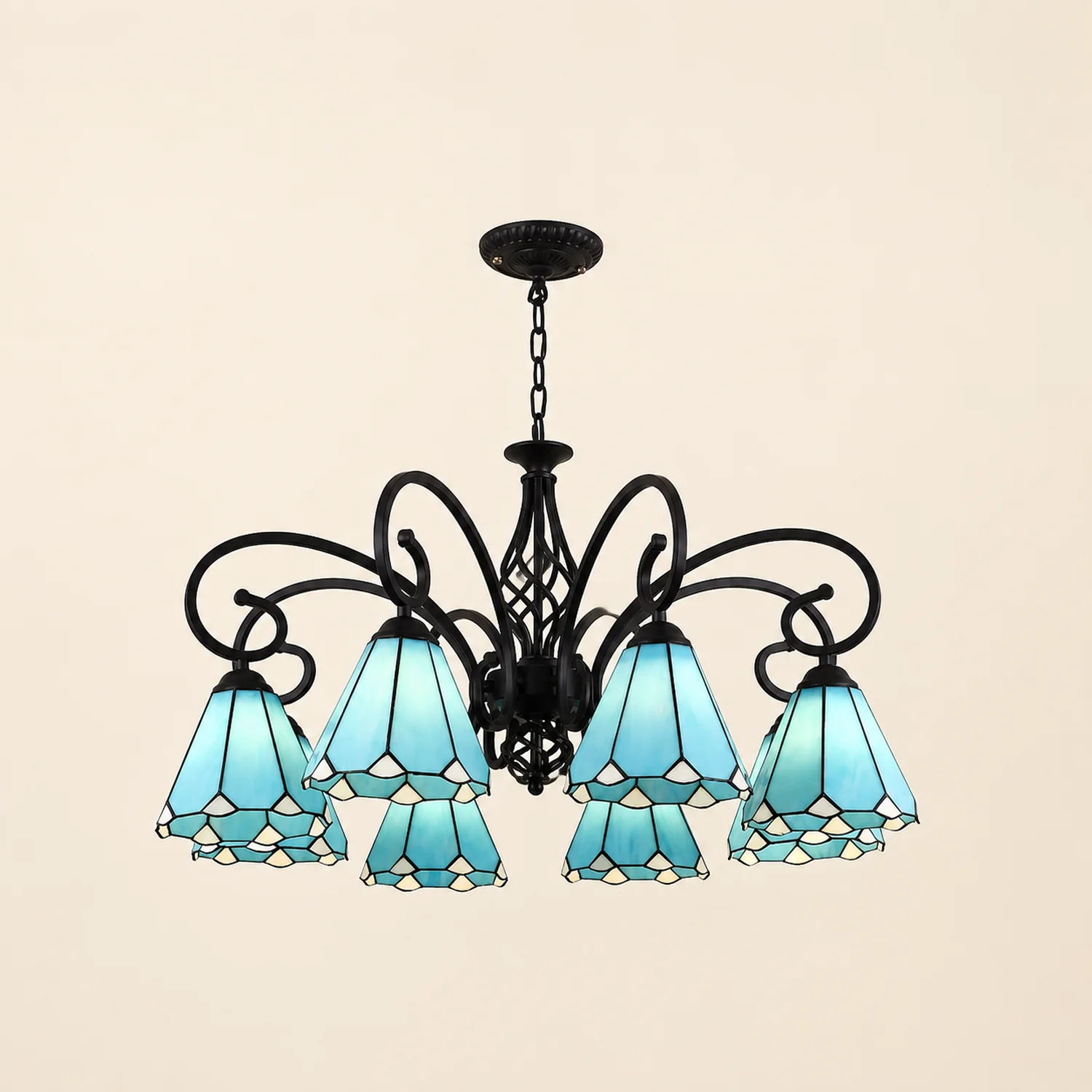 Silva Tiffany Mediterranean Branch Metal Chandelier, White/Blue/Navy Blue - Lumpaz