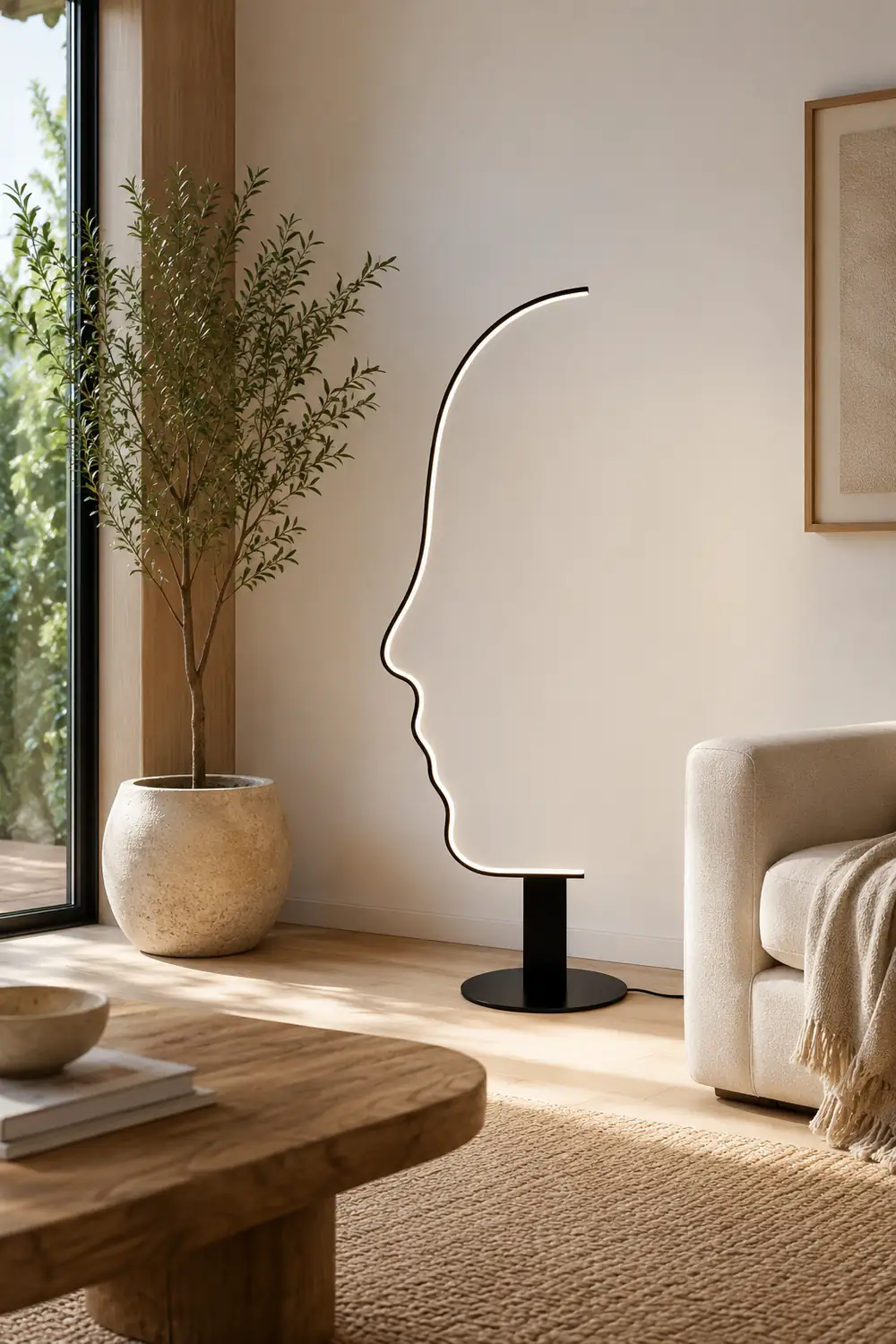 Edge Human Face Profile Modern Arc Floor Lamp, Black, Metal/Silicon - Lumpaz