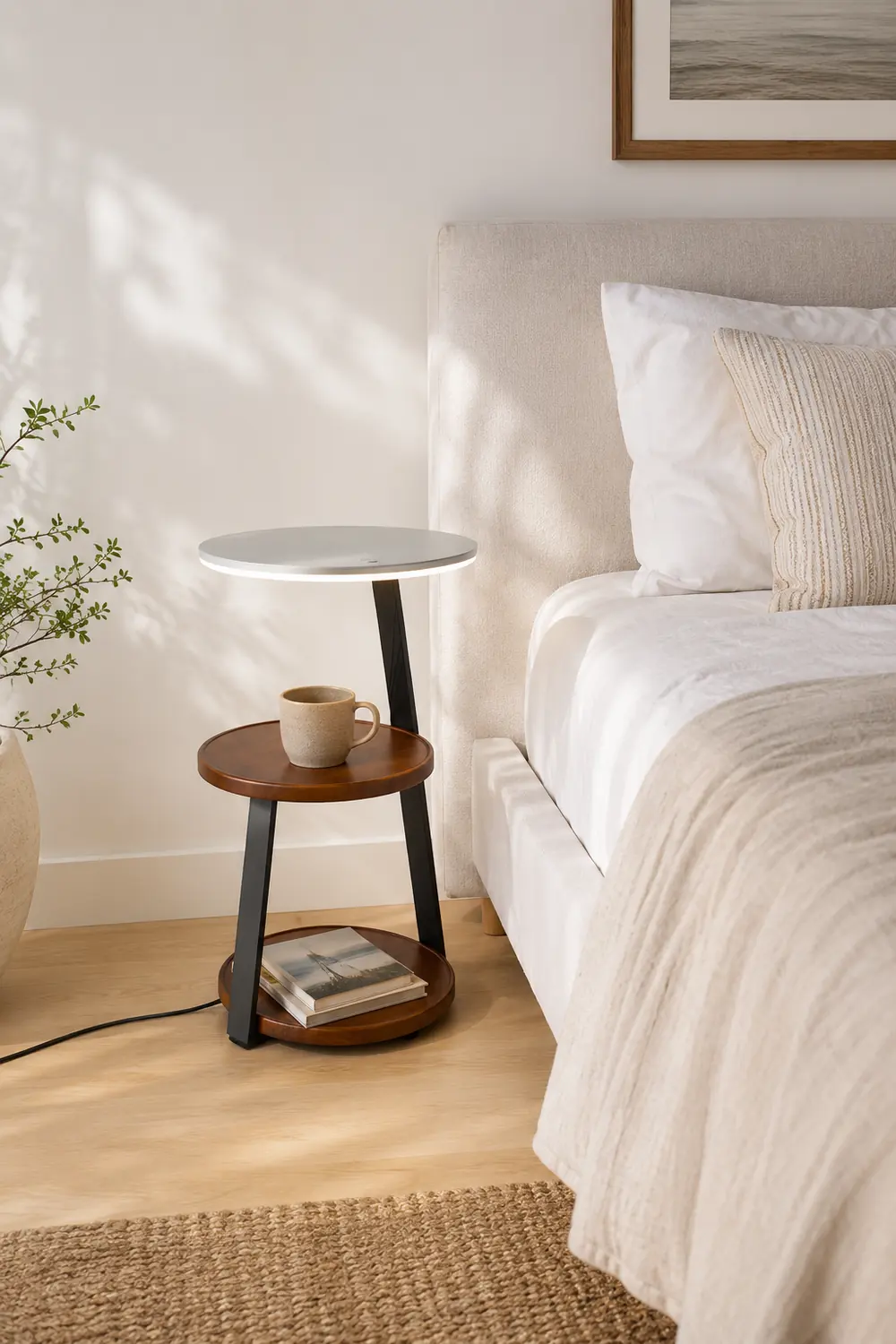 Ozawa Natural Round Wood Floor Lamp With Table Bedroom - Lumpaz