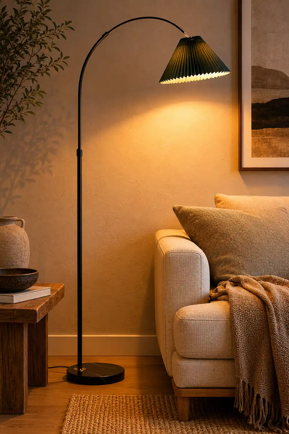 Eryn Floor Lamp Pleated Arc Nordic/Modern, Metal/Fabric, Multi-color, Study - Lumpaz