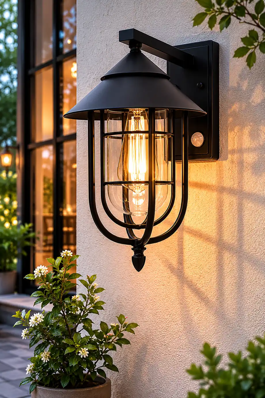Waterproof Retro Iron Glass Motion Sensor Black Modern Outdoor Wall Lights - Lumpaz