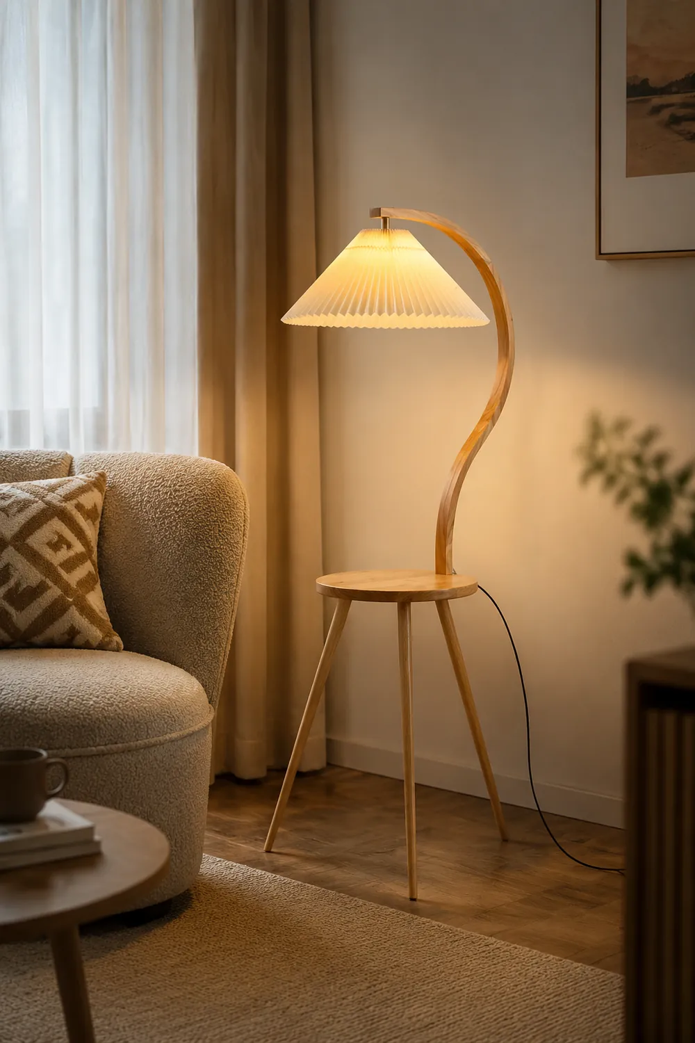 Ozawa Modern Pleated Wood Fabric Bedside Table Floor Lamp - Lumpaz
