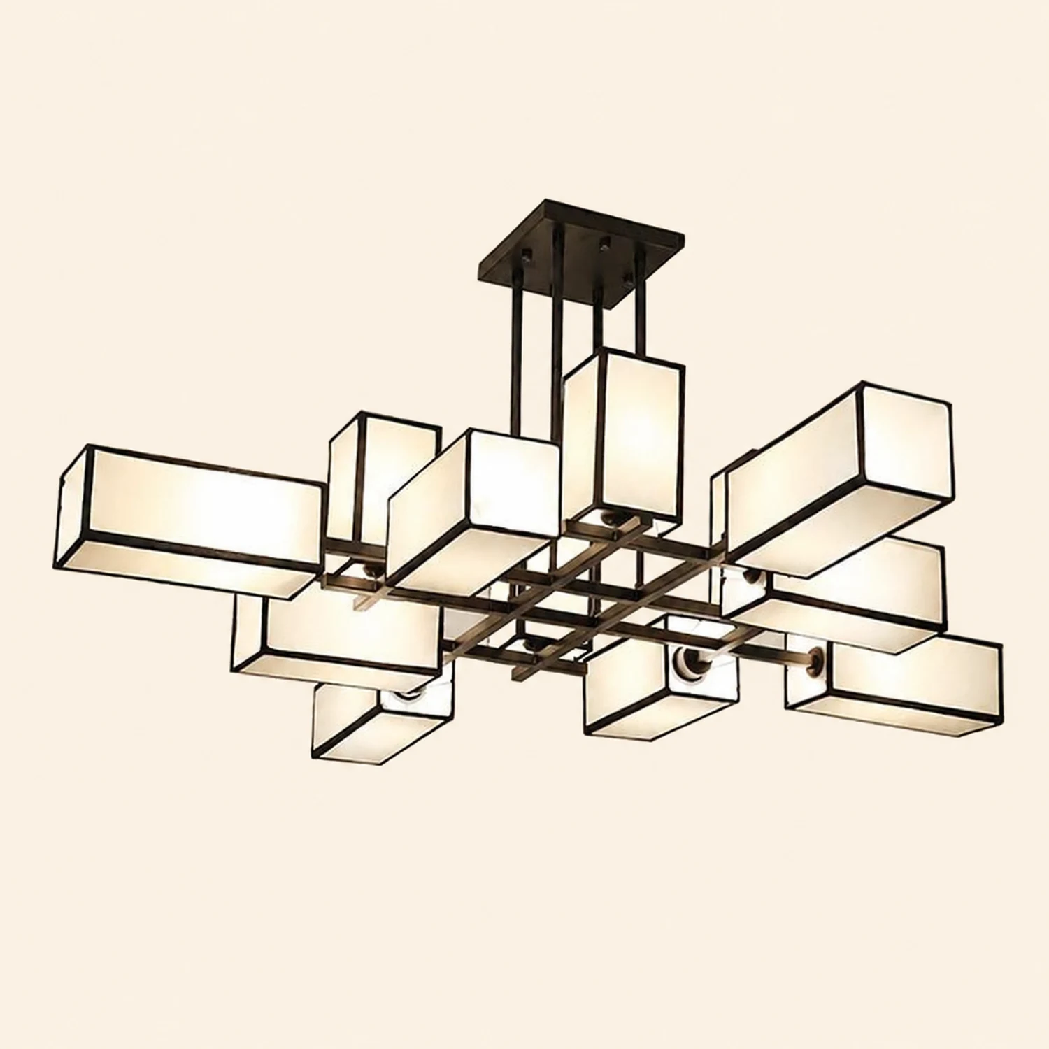 Lacey Pendant Light Square Retro, Metal/Fabric, Black/Gold, Living Room - Lumpaz