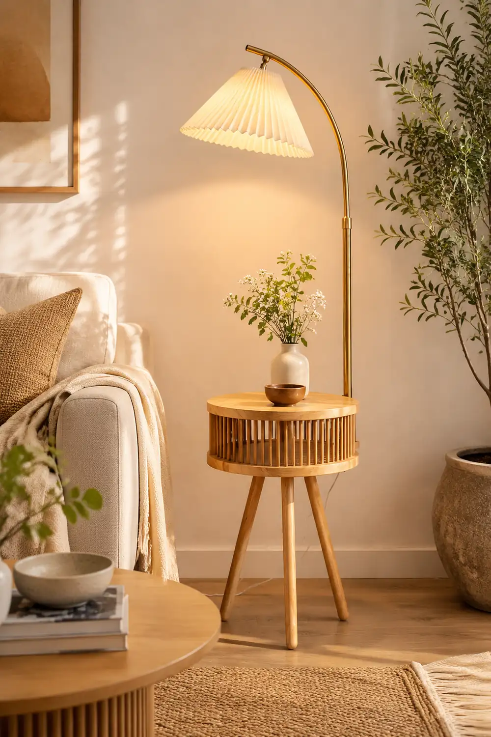 Ozawa Retro Pleated Metal & Wood Floor Lamp /w Bedside Table - Lumpaz