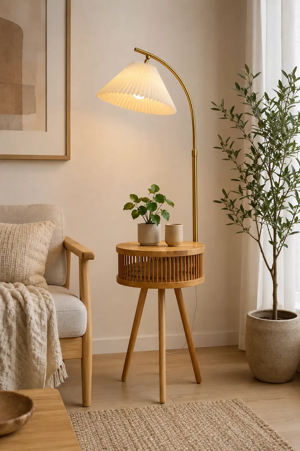 Ozawa Retro Pleated Metal & Wood Floor Lamp /w Bedside Table - Lumpaz