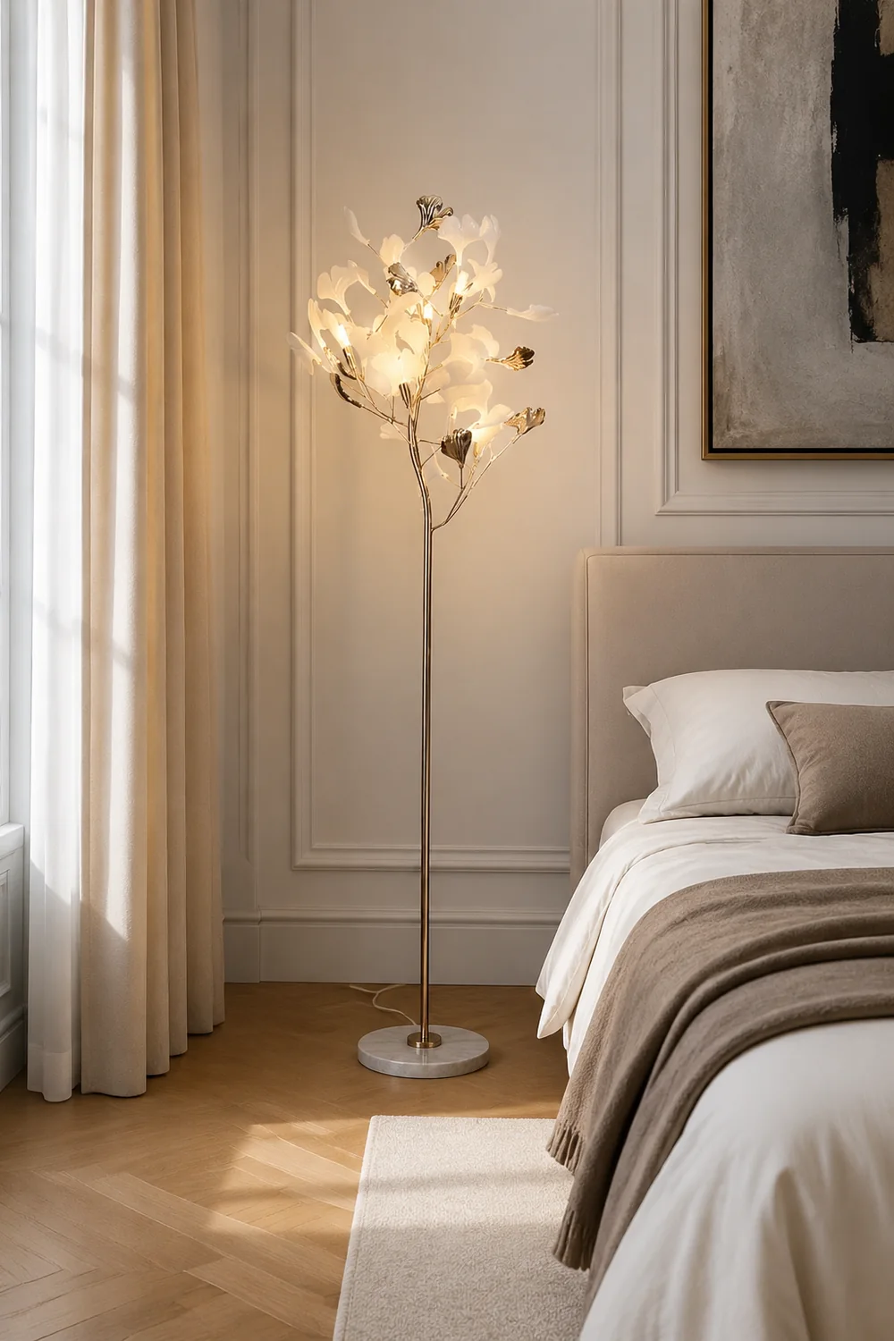 Ophelia Floor Lamp Leaf Artistic, Ceramic/Metal, White/Gold, Study - Lumpaz