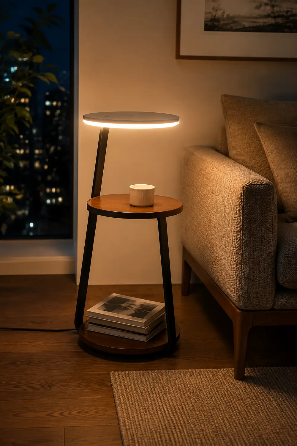 Ozawa Natural Round Wood Floor Lamp With Table Bedroom - Lumpaz