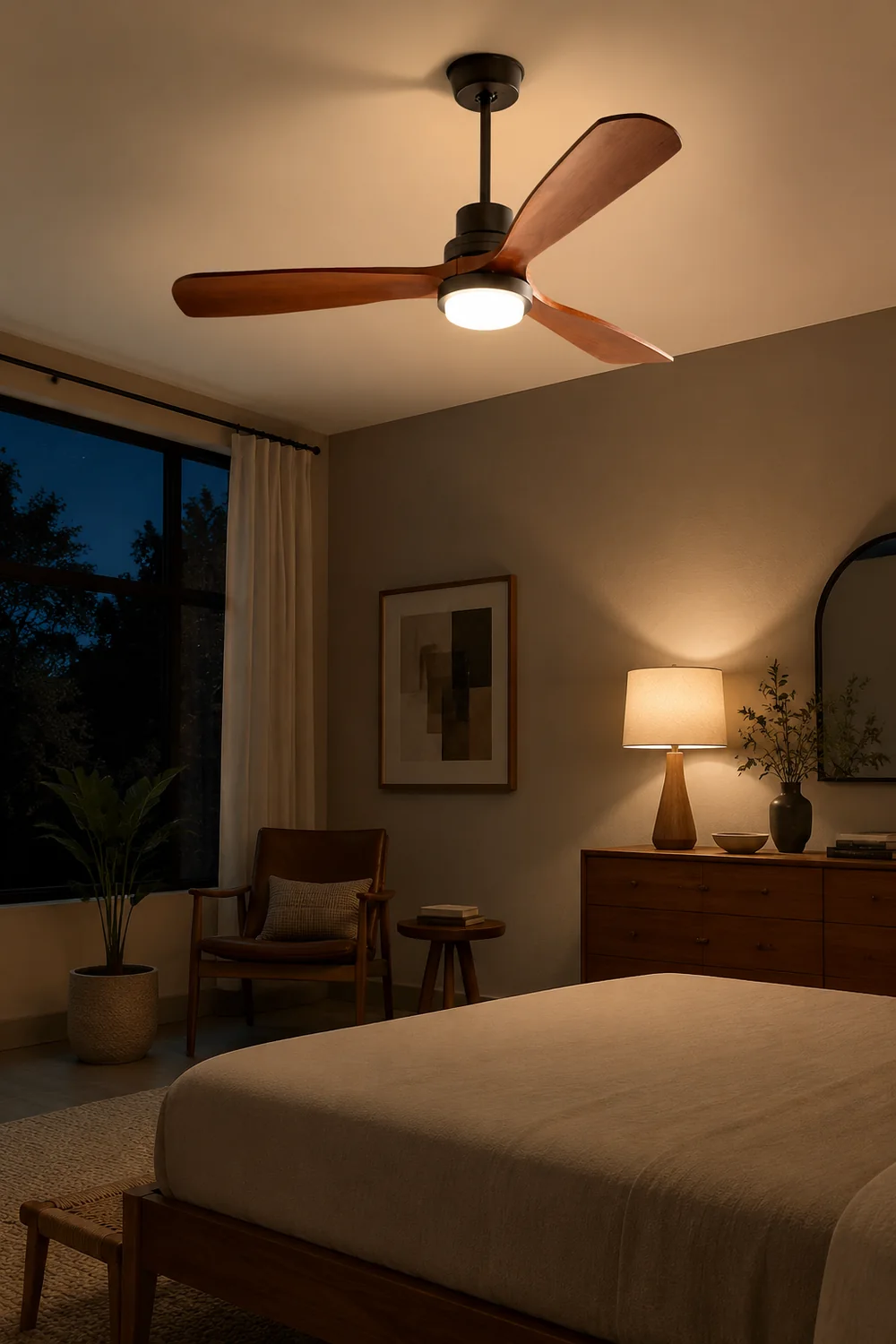 Haydn 3-Blade Modern DC Ceiling Fan Light, Black & Wood, 52'' - Lumpaz