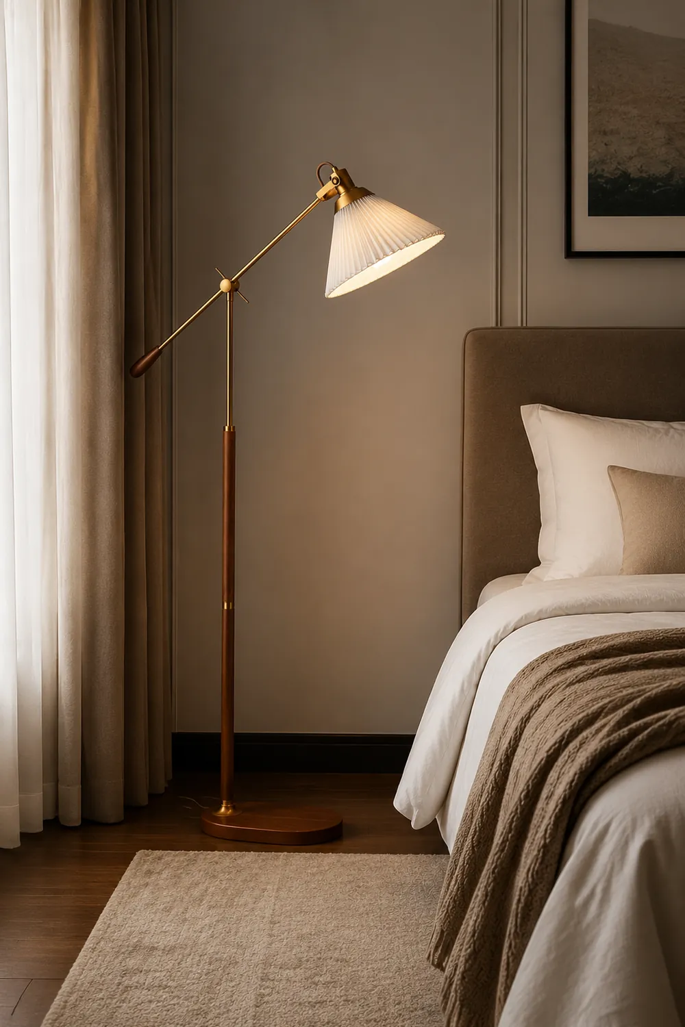 Ozawa Floor Lamp Pleated Retro, Metal/Wood, Living Room - Lumpaz