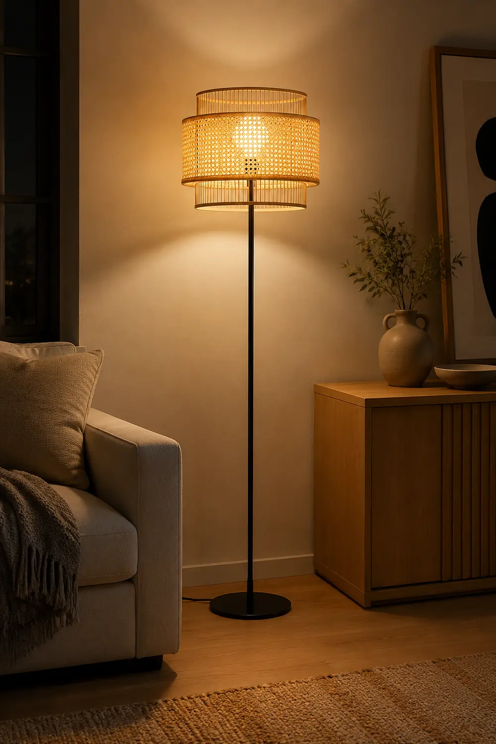 Ritta Zen Rattan/Willow Weave Tri-Layer Floor Lamp, Wood - Lumpaz