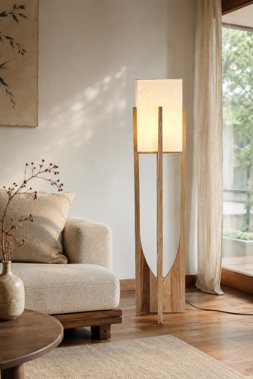 Ozawa Natural Rectangular Wood/Fabric Floor Lamp - Lumpaz