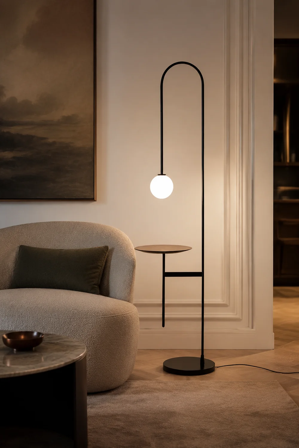 Valentina Minimalist Metal/Marble/Glass Floor Lamp With Table - Lumpaz